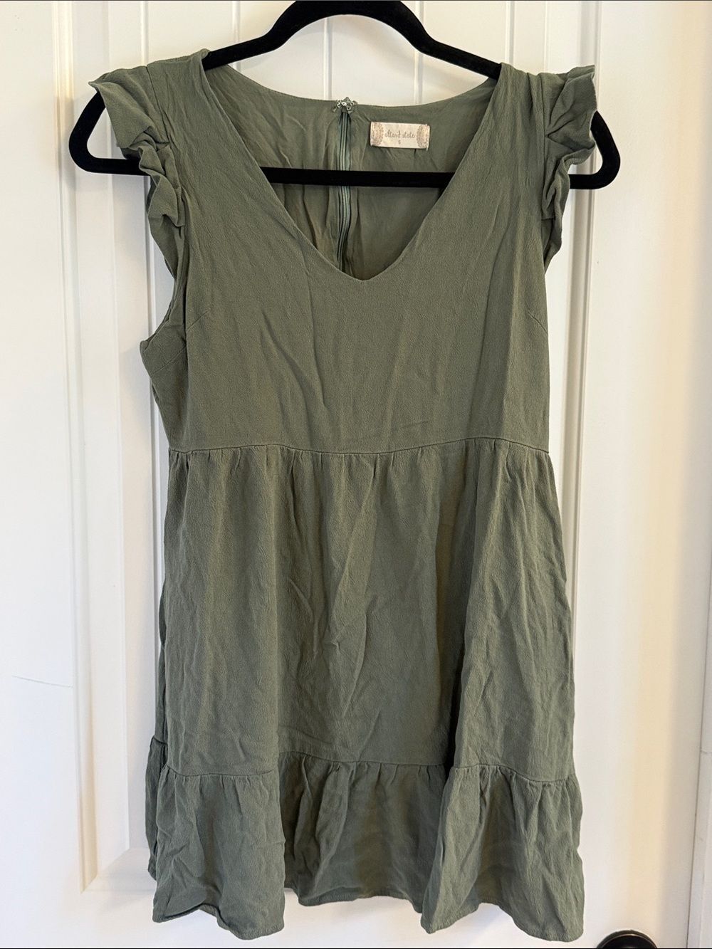 Altar'd State Olive Green Ruffle Babydoll Mini Dress with Pockets Small - Picture 1 of 7